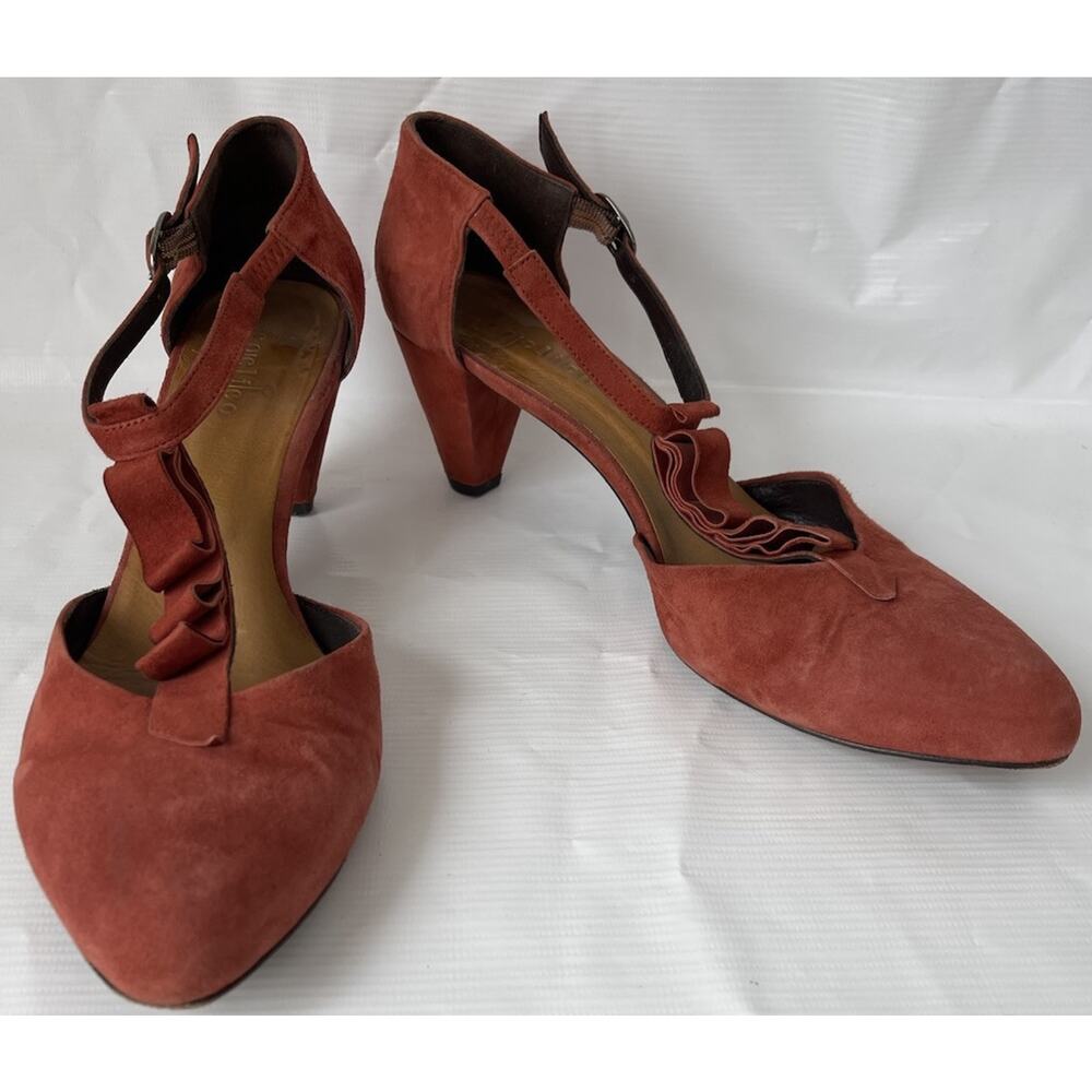 COCLICO Shoes T Strap Block Heel Red Suede Sz 41 9.5 Spain